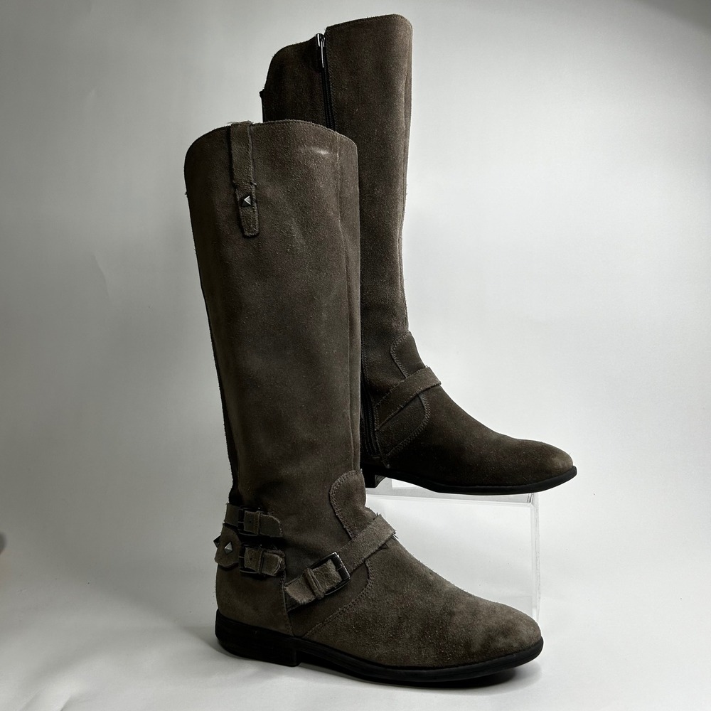 Donald J Pliner Women Tall Suede Buckle Studded Riding Boots Taupe Gray Grunge